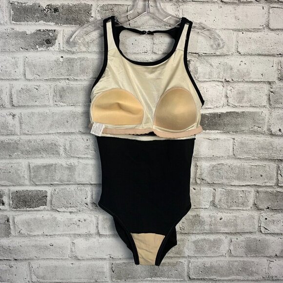 Vintage Black Yellow Colour Block High Square Neck One Piece Swimsuit - Picture 7 of 10